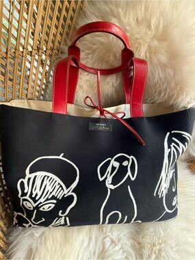 Kate Spade Maira Kalman Colab Limited Edition Canvas Tote w Red Leather Handles